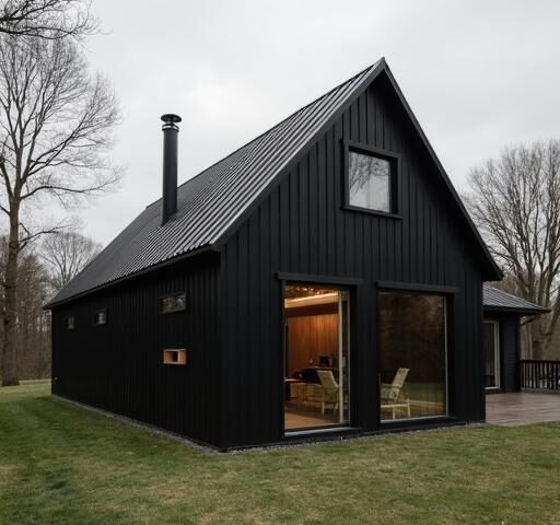 Exterior view of a stylish black barndominium surrounded by lush landscaping and clear blue skies.