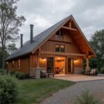 A cozy cheap barndominium with wooden beams and rustic decor in a peaceful countryside setting.