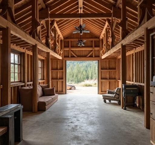 A cozy deer valley barndominium surrounded by picturesque landscapes and lush greenery.