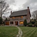 A modern farmhouse barndominium featuring rustic wood finishes and large windows amidst a picturesque countryside landscape.