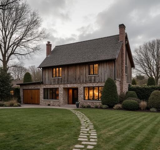 A modern farmhouse barndominium featuring rustic wood finishes and large windows amidst a picturesque countryside landscape.