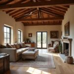 A cozy farmhouse barndominium interior featuring rustic wood beams and modern decor.
