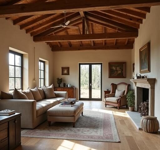 A cozy farmhouse barndominium interior featuring rustic wood beams and modern decor.