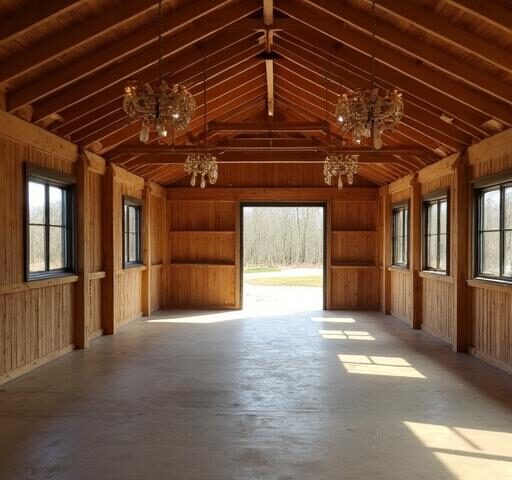 A modern interior barndominium featuring open spaces, rustic decor, and large windows.