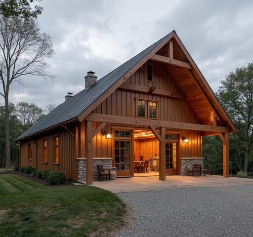 A modern manufactured barndominium showcasing its spacious interior and rustic charm in a picturesque setting.