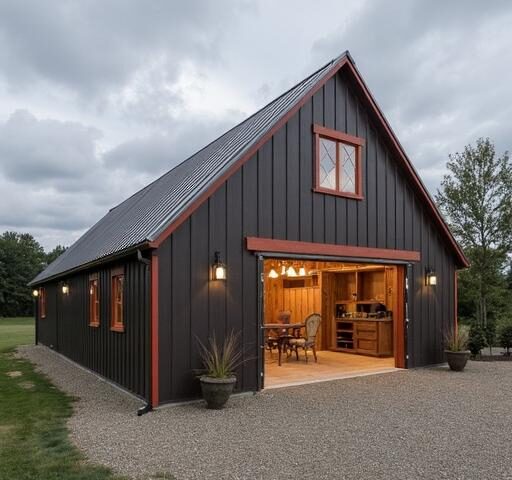 A modern metal barndominium showcasing spacious living areas and a sleek exterior design.