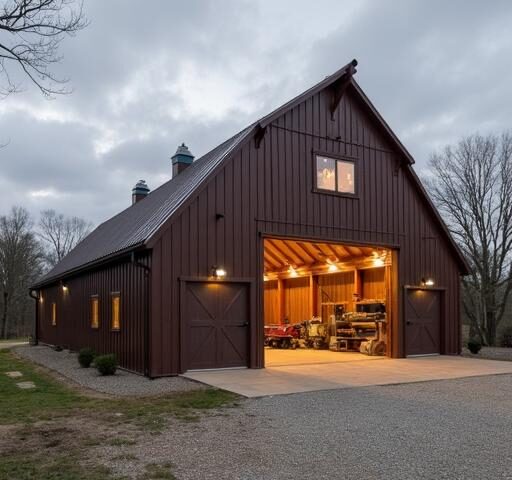 A spacious metal building barndominium featuring modern design and rustic elements in a rural setting.