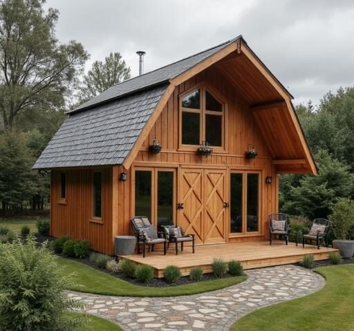 A cozy mini barndominium showcasing rustic charm and modern design elements.