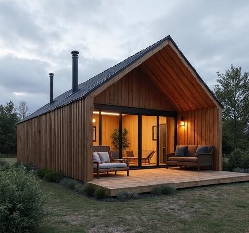 A stunning modular barndominium showcasing rustic charm and modern design in a serene countryside setting.