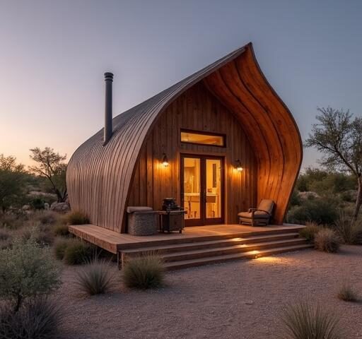 Stunning off grid barndominium in Arizona surrounded by desert landscape and mountain views.
