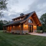 A pristine one story barndominium showcasing modern design and spacious living areas under a blue sky.