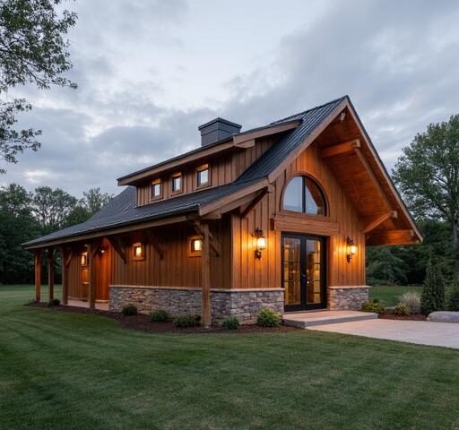 A pristine one story barndominium showcasing modern design and spacious living areas under a blue sky.