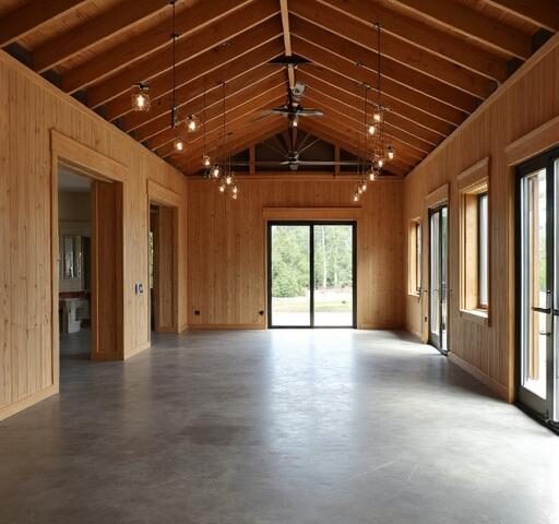 Spacious open floor plan barndominium highlighting modern design and natural light.
