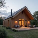 A modern prefab barndominium with rustic design, situated in a serene countryside setting.