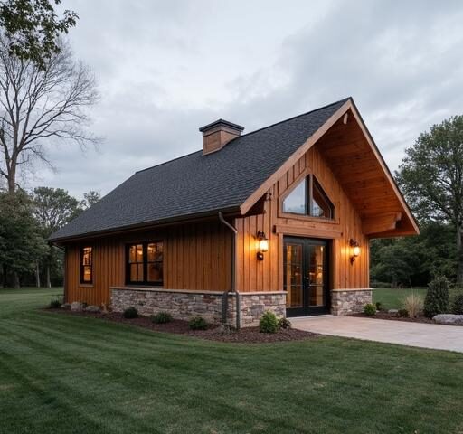 A modern single story barndominium surrounded by greenery, showcasing a unique blend of rustic charm and contemporary design