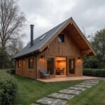 A quaint small barndominium surrounded by lush greenery and blue skies.