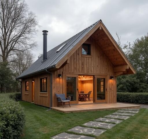 A quaint small barndominium surrounded by lush greenery and blue skies.