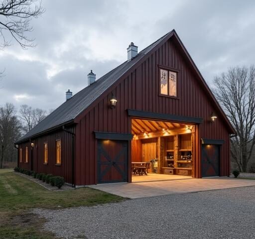 A modern steel barndominium showcasing its unique design and spacious interior.