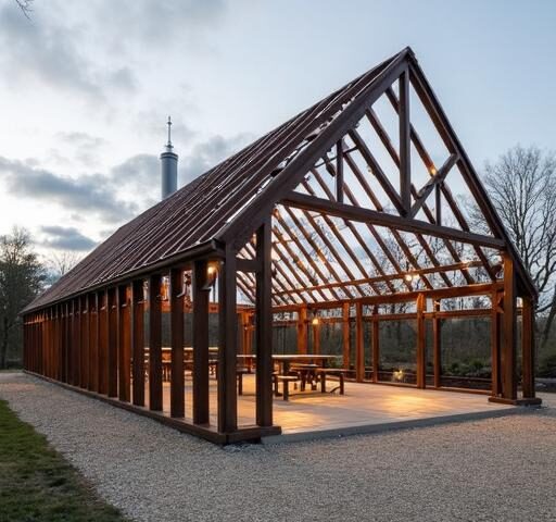 A modern steel frame barndominium showcasing its spacious layout and rustic charm amidst a scenic landscape.