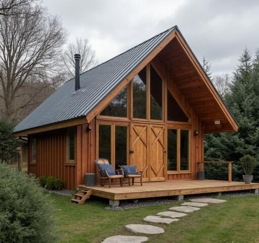 A charming tiny barndominium surrounded by lush greenery under a clear blue sky.